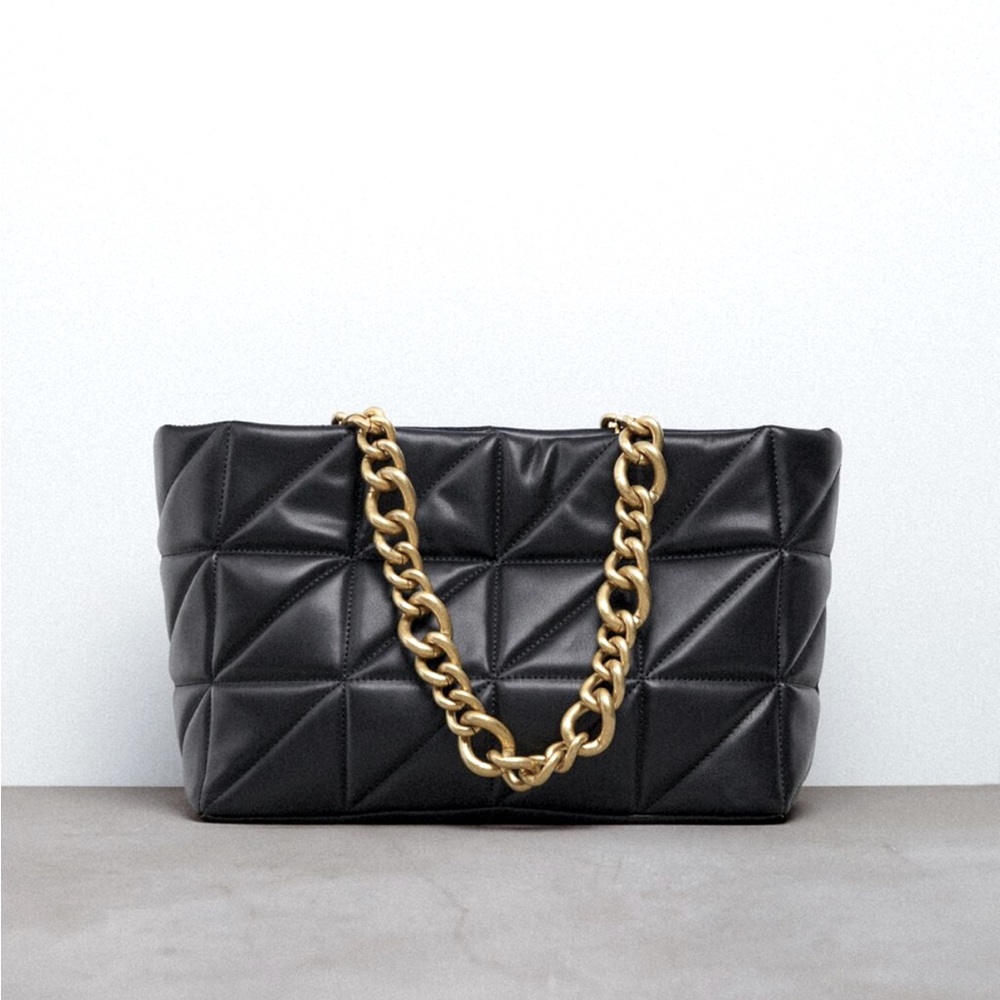 Zara Chain Strap Quilted Tote in Black